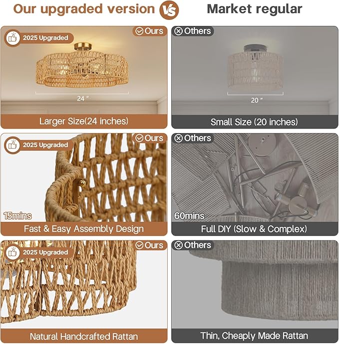 24” Boho Rattan Ceiling Light Fixture, Hand-Woven Wicker Flush Mount Chandelier, Rustic Coastal Scalloped Gold Base Semi Flush Lighting for Bedroom, Dining Room, Kitchen, Foyer, Living Room