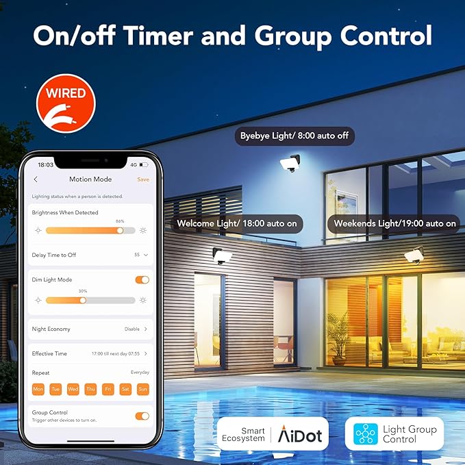 OREiN Smart Flood Lights Outdoor 2700K-6500K CCT Dusk to Dawn LED Security Lights with APP Control, 24W=200W. 1%-100% Brightness, IP65 Waterproof Bluetooth Conncected Floodlight, 1 Pack (Hardwired)