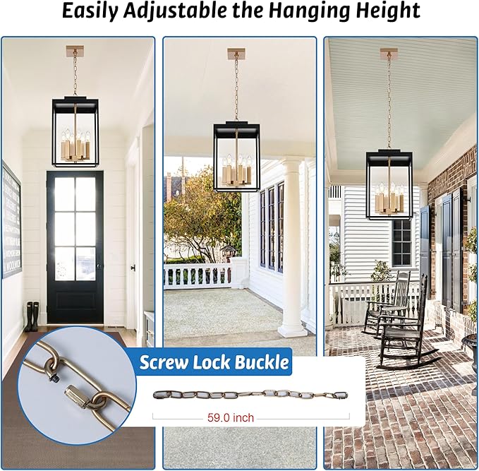 MELUCEE Large Outdoor Pendant Light Fixtures 6-Light Hanging Porch Lights Ceiling Mount 16'' Lantern Pendant Lights Black Brass Outside Chandelier with Clear Glass for Porch Patio Gazebo Entrance