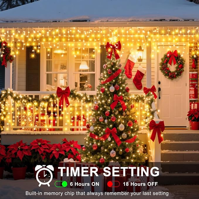 Icicle Christmas Lights Outdoor - 98FT 1216 LED Icicle Lights for Outside with 8 Modes Timer, 228 Drops Waterproof Hanging String Lights Indoor for House Wedding Holiday Decorations, Warm White
