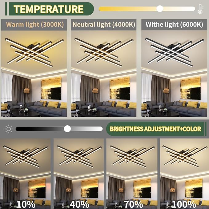 Modern LED Ceiling Lights 43.3" Black Flush Mount Ceiling Light Fixture Sputnik Dimmable Ceiling Lights with Remote Control for Bedroom Living Room Kitchen Room(6 Lights)