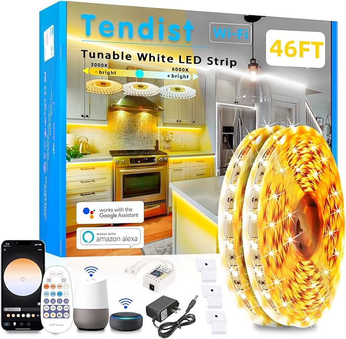 White LED Strip Lights 46ft 3000K-6500K Dimmable, Smart Strip Light Alexa Compatible, 24V WiFi Flexible Tape LED with APP & RF Remote, Cabinet Lighting Self-Adhesive for Room, Kitchen