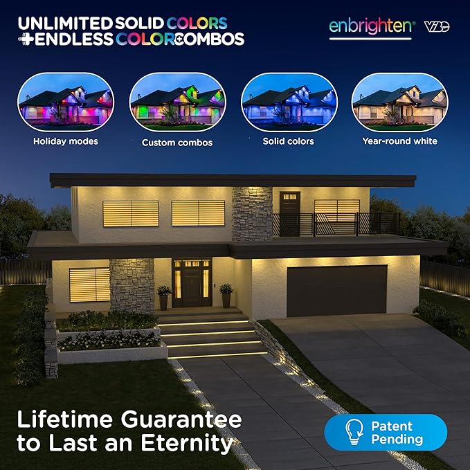 Enbrighten Vibe Eternity Accent Permanent Outdoor Lights for House, 150ft, 36 RGBWIC LEDs, Wide Spacing, 94lm, Tunable White, Everyday Eave Lighting, Smart App, Works with Alexa, Google Home, 85716