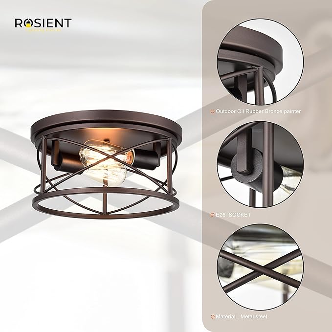 Industrial Flush Mount Lights, Farmhouse Close to Ceiling Flush Mount Lighting, 2-Light Flush Mount Ceiling Lighting Fixture (Oil Rubbed Bronze, 1 Pack)