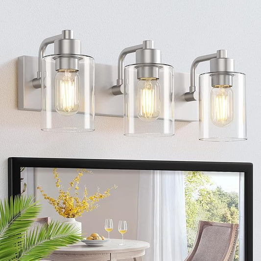 Dpyrrhic Brushed Nickel Bathroom Light Fixtures, Wall Mounted 3-Light Bathroom Lights Over Mirror with Clear Glass Shade,Wall Sconces for Kitchen Living Room Bedroom