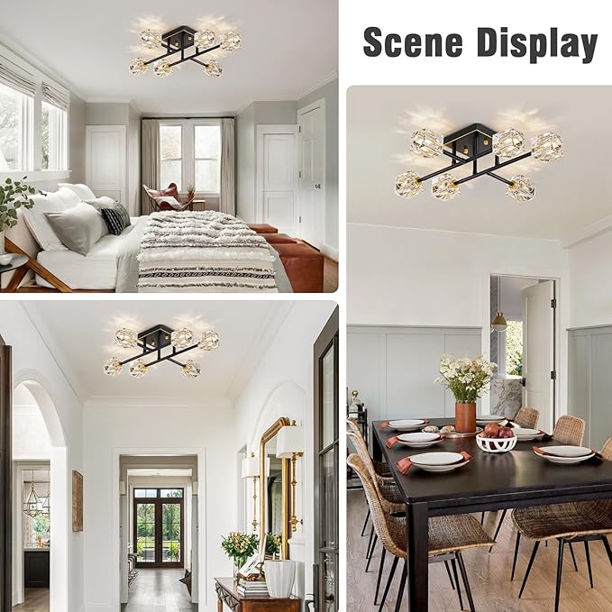 6-Light Modern Sputnik Ceiling Light Fixture，Crystal Semi Flush Mount Ceiling Light with K9 shade,Farmhouse Black and Gold Chandeliers for Dining Room,Bedroom,Living Room,Kitchen Island,Entryway