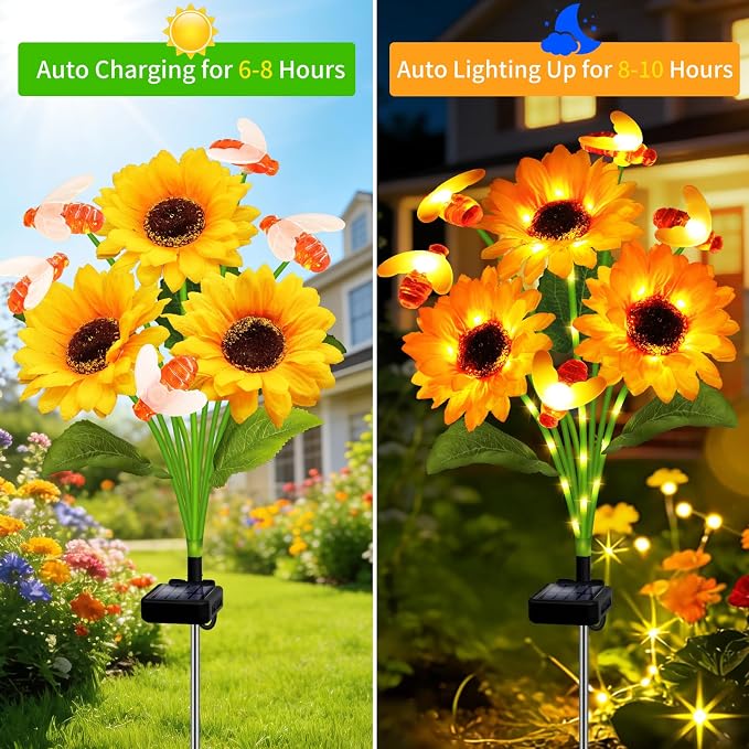 Kohlrabi Solar Garden Lights-6 Pack Solar Sunflowers with Swaying Bees, Gifts for Mom Women Mothers Day Birthday, Waterproof Sunflower Light for Outdoor Patio Yard Decor