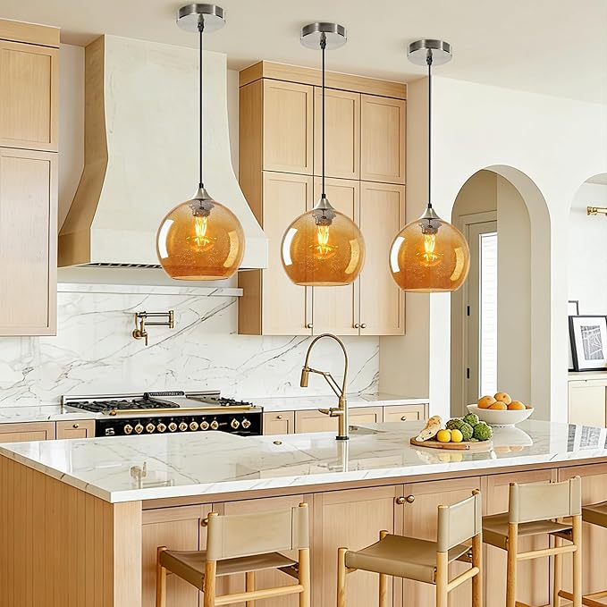 7.1in Medium Amber Glass Pendant Light for Kitchen Island, 3-Pack with Extra LED Bulbs & 4.92ft Adjustable Cord | Modern Minimalist Lighting for Dining Room, Living Room, Entryway