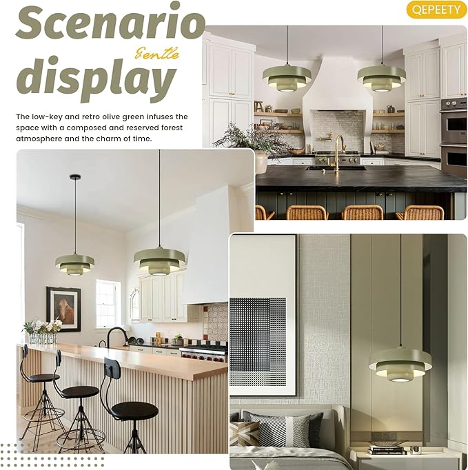 Olive Green Nordic Pendant Light, 13.8" Modern Flush Mount Ceiling Lamp for Kitchen Island, Farmhouse Hanging Light Over Dining Table, Closet, Pantry