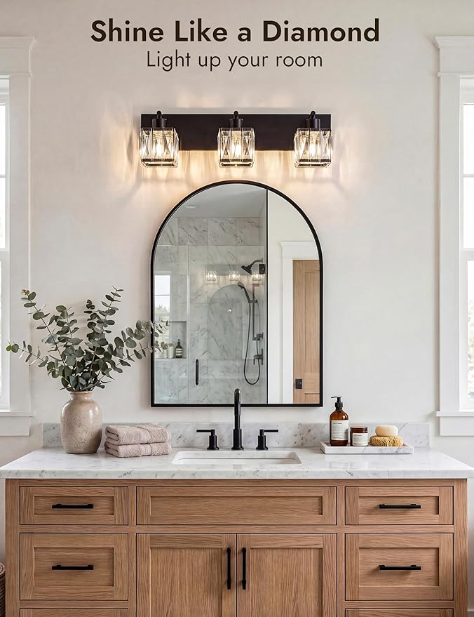 VOLISUN Black Bathroom Light Fixtures, Modern Bathroom Lighting Fixtures Over Mirror, 3 Light Bathrooms Vanity Light, Crystal Vanity Light for Bathrooms-UL Certificated(Exclude Bulb)