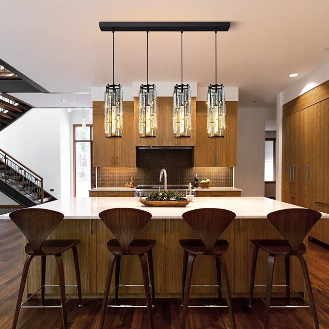 LMQNINE 4 Light Black Pendant Lighting Modern Pendant Light, Mini Crystal Chandeliers,Adjustable Pendant Light Fixture for Kitchen Island Dinning Room Bedroom (Black 4-Light)