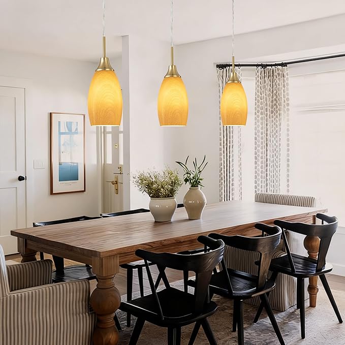 Viinew Mini Glass Pendant Light 4.72" Walnut Wood Grain Pendant Lights 3-Pack Handblown Art Oval Glass Hanging Pendant Light for Kitchen Island Dining Room Living Foyer Hallway Entry Brushed Gold