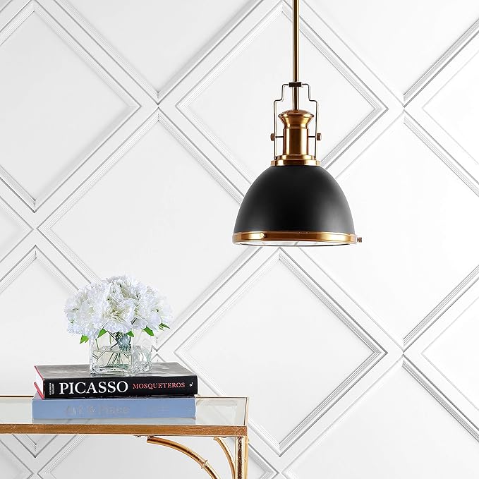 JONATHAN Y 10" Black/Brass Gold Modern Industrial Iron LED Dome Pendant Light, Adjustable Hanging Fixture for Kitchen Island or Entryway, Black Metal Shade, LED Bulb Included JYL9535A
