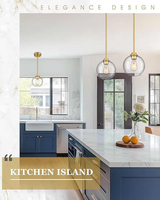 2 Pack Pendant Lights Kitchen Island, 8" Gold Pendant Light Fixtures with Globe Clear Glass Shade, Modern Brass Kitchen Island Lighting for Bathroom, AD-22280-2PL-GD