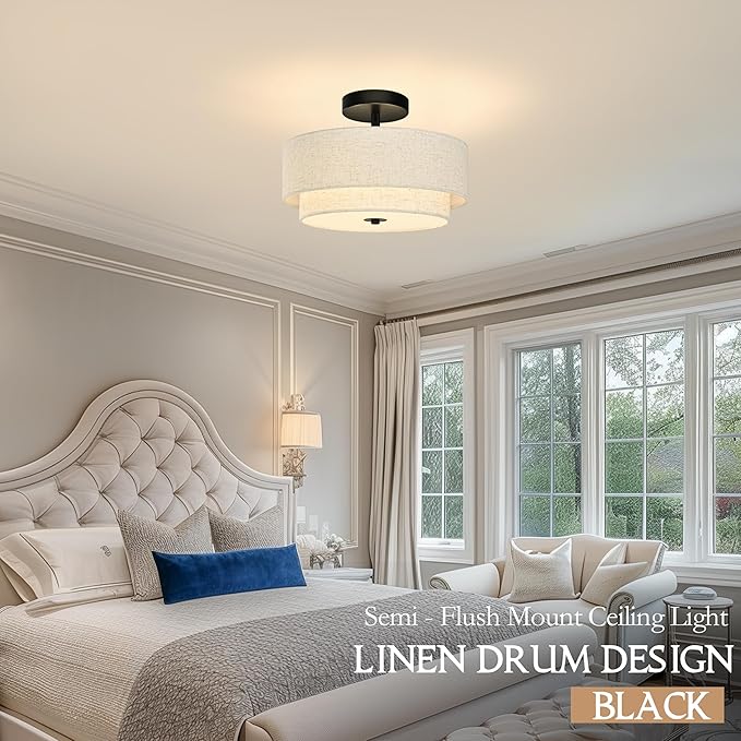 2 Light Semi Flush Mount Ceiling Light Fixture 12.6 Inch Modern Black Drum Ceiling Light Fixture with 2-Layer Fabric Shade Dimmable Close to Ceiling Light for Living Room Hallway Bedroom Entryway