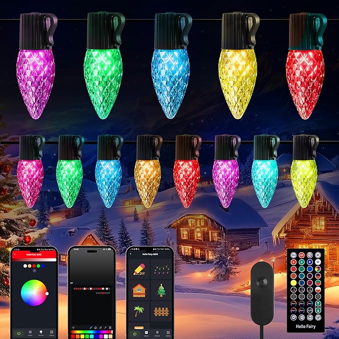 Brightown Smart C9 Christmas Lights Outdoor, 100 LED Christmas Color Changing Fairy Lights App Control, Music Sync, RGB, Shatterproof Connectable C9 String Lights for Tree House Indoor Xmas Decor