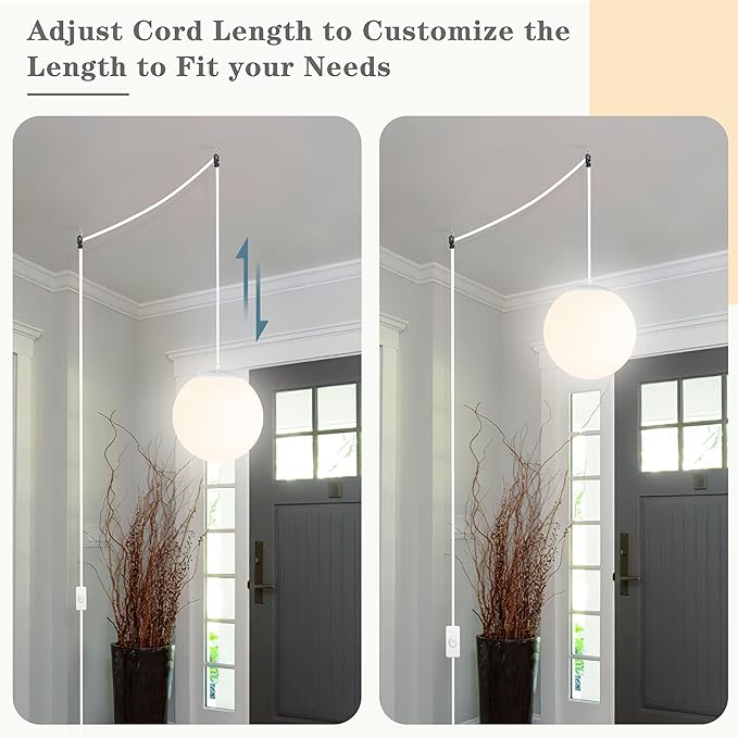 KoKo&Yukina 10" Globe Pendant Light White Plug in Pendant Light Adjustable Hanging Lights with Plug in Cord Matte White Finished with Milk Glass Lampshade for Bedroom Kitchen Island (Bulb Included)