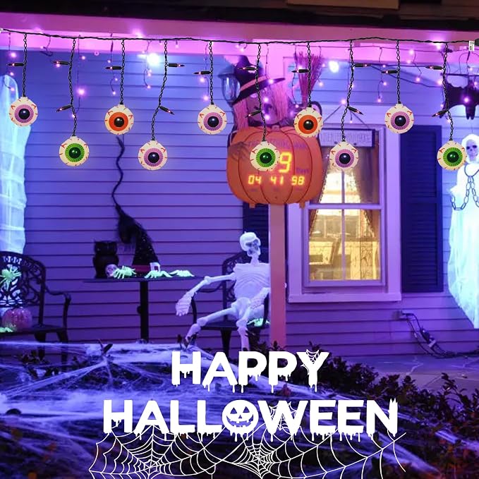 Halloween Eyeball Curtain String Lights Plug in, 7FT Outdoor Halloween Decorations Lights with 10 LED Spooky Eyeball Lights & 15 Mini Purple Bulbs for Window Wall Party Haunted House Patio Decor