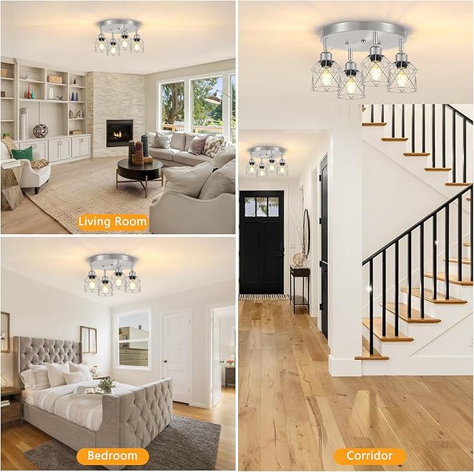 4-Light Brushed Nickel Kitchen Light Fixtures, Modern Hallway Light Fixtures Ceiling, Adjustable Multi-Directional Indoor Silver Metal Cage Close to Ceiling Lights for House Bedroom