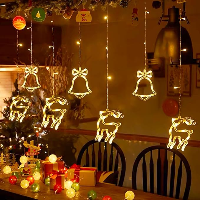 180 LED Christmas Curtain String Lights, 8.3 FT Linkable Warm White Window Fairy Lights with 12 Reindeer & Bell Pendants, 8 Modes Waterproof for Xmas Tree Holiday Party Decorations