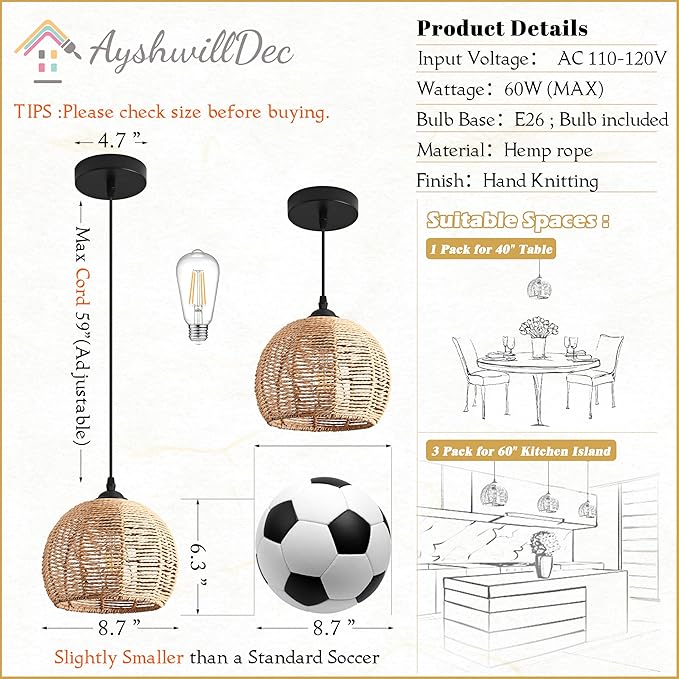 2 Pack Wicker Pendant Light Natural Woven Pendant Light Boho Chandelier Light Fixture Dome Rustic Farmhouse Pendant Lights Rattan Light Fixture for Kitchen Island Dining Room (Bulb Incl.)