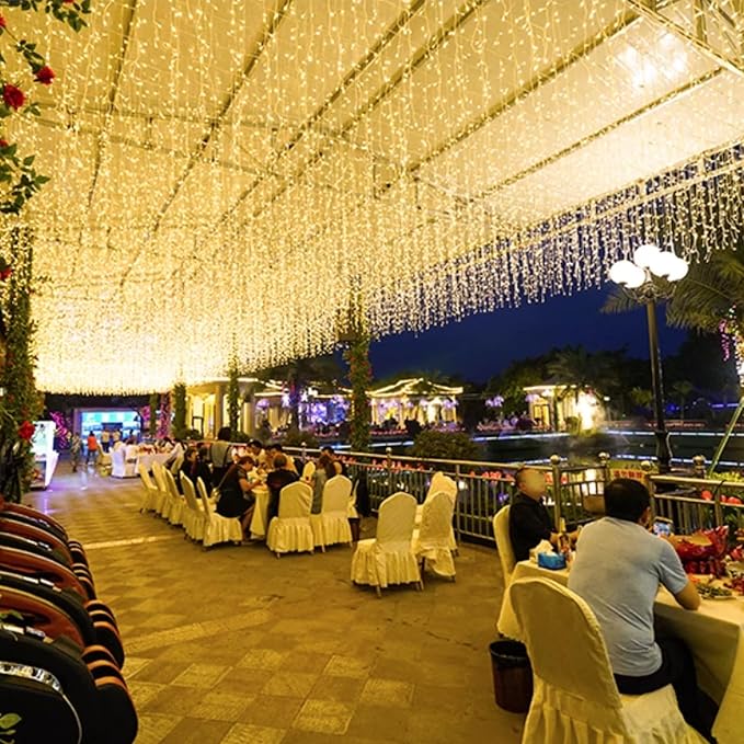 ZIMINGU Icicle Christmas Lights, 16.4 FT 120 LEDs 8 Modes, Hanging Twinkle Connectable Memory Fairy Curtain String Lights for Indoor Eaves Shopping Outdoor Decor, Warm White, 5M06