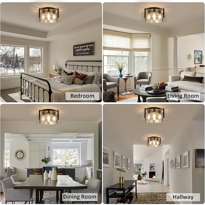 Black Flush Mount Ceiling Light Fixture, 4-Light Modern Entryway Light Fixture Ceiling Mount, Close to Ceiling Light Fixtures, Kitchen Lighting Fixtures Ceiling Lights for Bedroom Bathroom Hallway