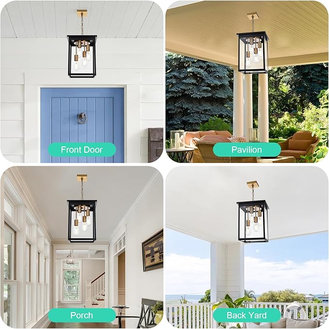Yaohong Large Outdoor Pendant Light, 4-Lights Black and Brushed Brass Exterior Hanging Porch Chandelier Lantern with Clear Glass, Outdoor Ceiling Light Fixture for Entryway Gazebo Patio