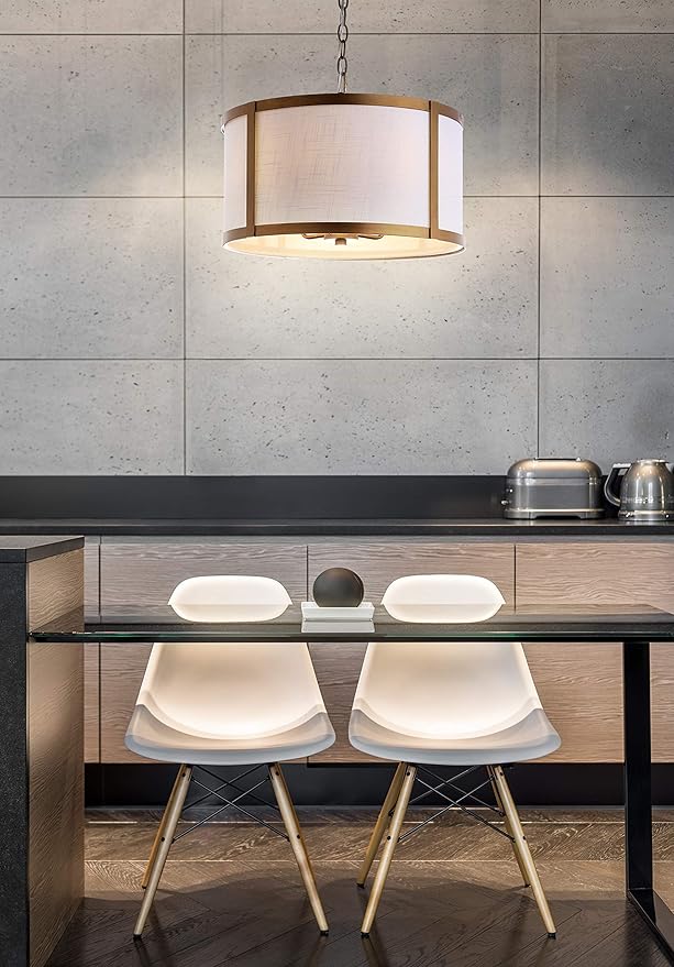 JONATHAN Y 17" Gold/White Metal LED Pendant Light for Kitchen Island, White Linen Drum Shade, Transitional Ceiling Hanging Fixture for Dining Room, 4 Bulbs Included (JYL3510B)