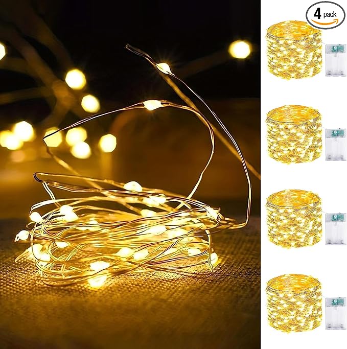 4-Pack Fairy Lights Battery Operated with Timer, 16FT 50 LED String Lights Indoor Outdoor, Cuttable Starry Fairy Lights Waterproof for Home Bedroom Classroom Dorm Wedding Christmas Decor (Warm White)