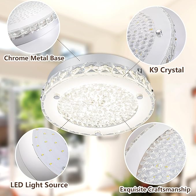 Crystal Ceiling Light Fixture Flush Mount LED Modern Ceiling Light 8.3 Inch Dimmable Crystal Chandeliers for Bedroom, Kitchen, Bathroom, Hallway, Entryway, Dining Room, Foyer, 1320 Lumen, 12W