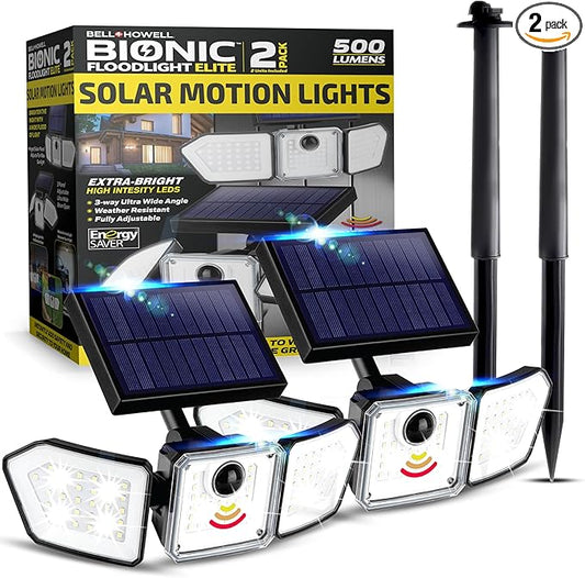 Bell+Howell Solar Flood Lights Outdoor Motion Sensor 2 Pack, 500 Lumens 89 LEDs, 3 Heads Wide Angle 1420 Sq Ft Coverage, IP65 Waterproof Solar Security Lights for Outside - Stakes Included | Bionic