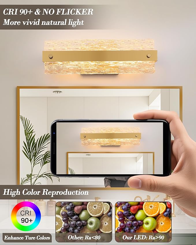 Brushe Gold Bathroom Vanity Light, 16.5 Inch 10W Dimmable LED Bathroom Light Fixture Over Mirror, Modern Crystal Bar Bath Wall Sconce for Bath, 3CCT, OS-MM5001-2BG