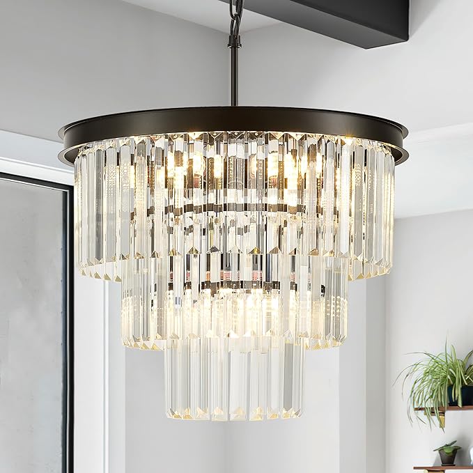 8-Light Black Crystal Pendant Light, 3-Tier 17.76" Luxury Crystal Pendant Light Perfect for Dining Room, Bedroom, Kitchen, Living Room
