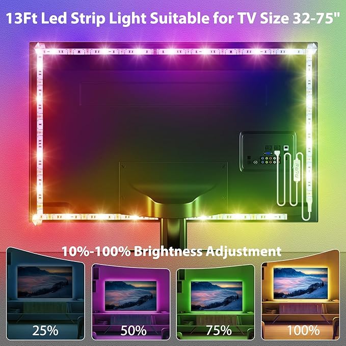 TV LED Lights 13Ft, RGB LED Strip Lights for 32-65in TV Backlight, App Control Strips Light Sync to Music, USB Bias LED Strip Lighting for Bedroom Home Room PC Monitor Gaming Lights Cabinet