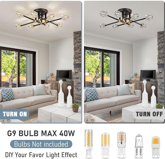 Modern Crystal Ceiling Light Fixture,Semi Flush Mount Ceiling Light with 8-Lights,Farmhouse Black and Gold Sputnik Chandeliers for Bedroom,Dining Room,Kitchen,Entrway,Foyer,Hallway