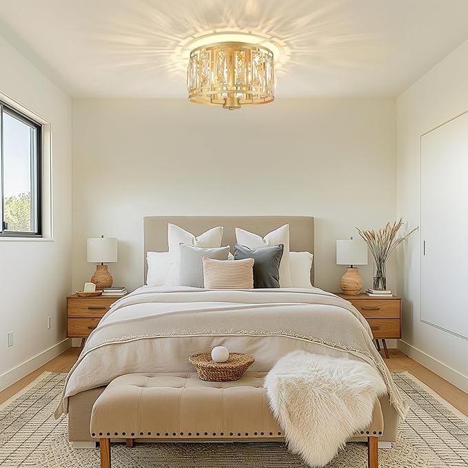 Crystal Flush Mount Ceiling Light, Gold Hallway Lights Ceiling Mounted Small Flush Chandelier for Bedroom Foyer