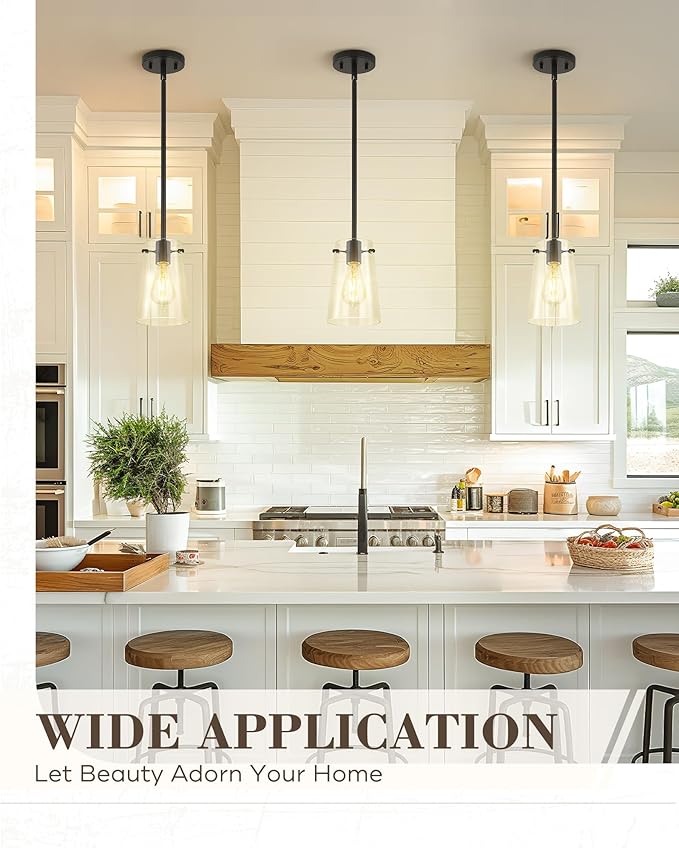 Beionxii Matte Black Pendant Light Fixtures, Pendant Lights Kitchen Island with Clear Glass, Modern Kitchen Pendant Lighting Over Island for Sink, Dining Room, Entryway, BX-PL03MB-CG