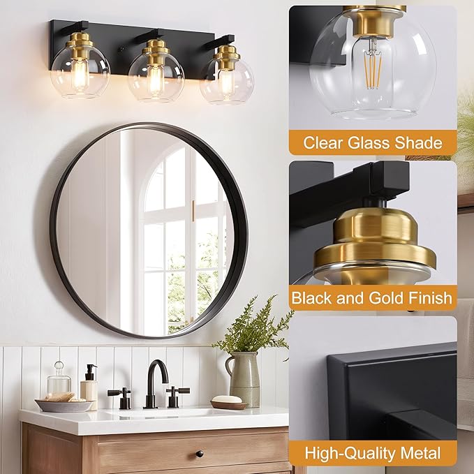 3-Light Bathroom Vanity Light Fixture Over Mirror, Bathroom Light Fixutre Matte Black & Gold Finish with Globle Clear Glass E26 Base Bulbs Not Included for Bathroom, Hallway, Bedroom, Living room