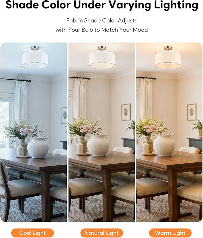 VONLUCE Semi-Flush Mount Ceiling Light, 15" Modern 3-Light Ceiling Light Fixture with White Drum Shade 3 E26 Sockets for Bedroom Entryway Living Room, Nickel Finish, ETL Certificated