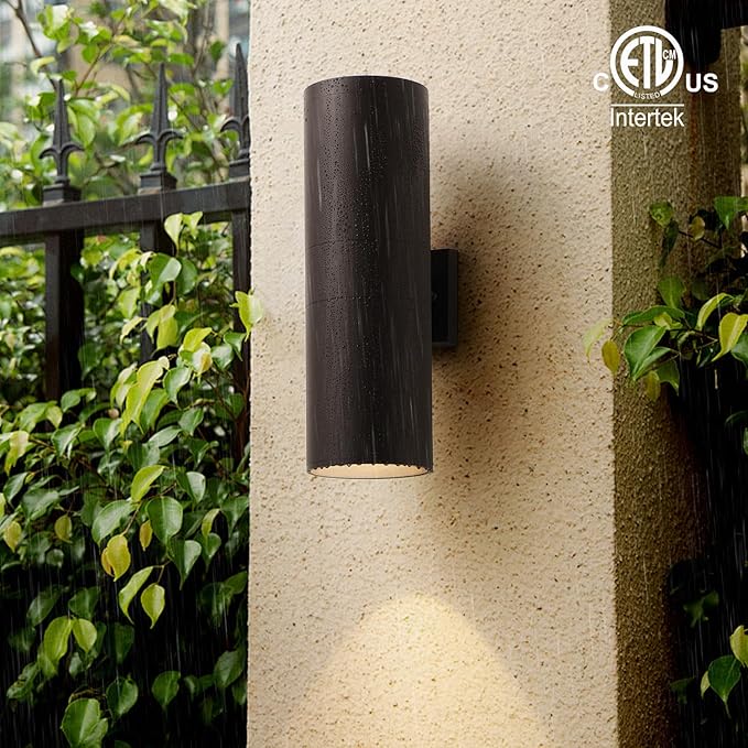 mirrea 18" Modern Outdoor Porch Light Patio Light in 2 Lights with Aluminum Cylinder and Tempered Glass Cover Waterproof Wall Sconce 2 Pack (Oil Rubbed Bronze)