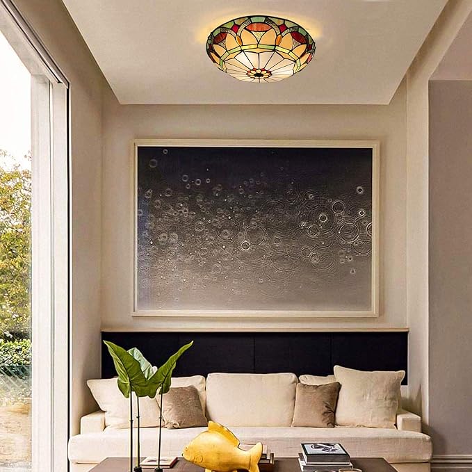 ARTZONE Tiffany Ceiling Lights, Stained Glass Ceiling Light 3-Lights 16 Inch Tiffany Flush Mount Ceiling Light for Bedroom Dining Living Room Entryway Foyer