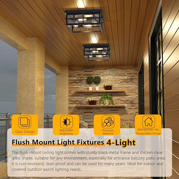 Asnxcju Black Flush Mount Ceiling Light, 4-Light Indoor Outdoor Light Fixtures for Porch with Clear Glass, 12 Inch Modern Close to Ceiling Lights for Bathroom, Covered Patio, Balcony, Foyer