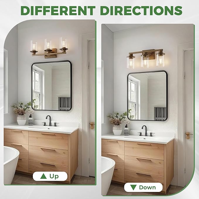 DORESshop 17 Inch Bathroom Light Fixtures, 3-Light Oak Bathroom Lighting Fixtures Over Mirror with Clear Glass Shade, Vanity Lights for Living Room Bedroom