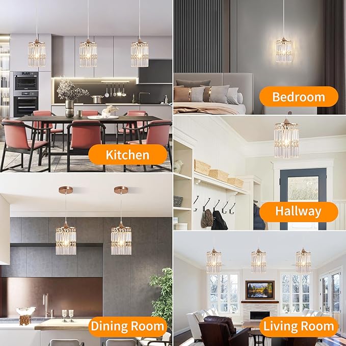 Crystal Ceiling Pendant Lighting Fixture for Living Room Dining Room Kitchen Hallway (Gold Pendant)