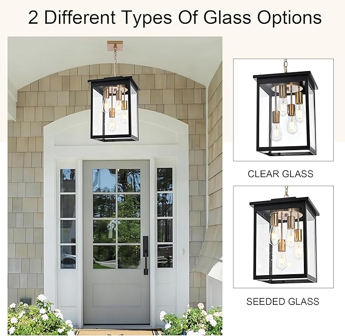 TODOLUZ 4-Lights Large Outdoor Pendant Light Fixture, Waterproof Porch Hanging Lighting with Adjustable Chain Seeded Glass Panel & E26 Bulb Base for Porch Patio Garden