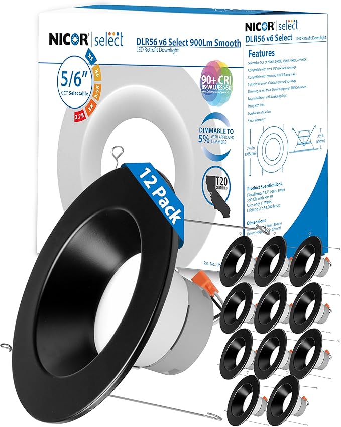 Recessed Ceiling Lights LED Downlight - Dimmable 5/6 inch LED Recessed Light Fixtures - Selectable CCT 2700K-5000K, 918 Lumens, 10.3W - DLR56 Retrofit Ceiling Light, Black, 12-Pk by NICOR Lighting