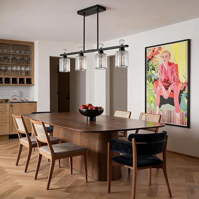 Modern Dining Room Light Fixture Over Table, Crystal Pendant Lights Kitchen Island, Chandeliers for Dining Room Kitchen Light Fixtures (E26) 4-Light Black