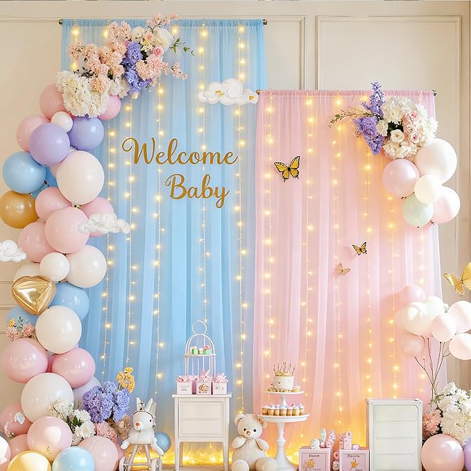 Pink and Blue Tulle Backdrop Curtain with Lights, Elegant Sheer Photo Backdrop Drapes, Soft Fabric & Lights Strings Curtain for Baby Shower Gender Reveal Weddings Brithday Parties Decor, 10ftx8ft