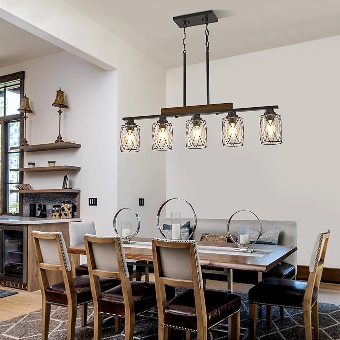 5-Light Dining Room Light Fixture/Chandelier Over Table, Island Lighting Hanging for Farmhouse Linear Chandeliers Matte Black Rustic Wood Ceiling Pendant Light Fixtures, with Clear Glass Shade